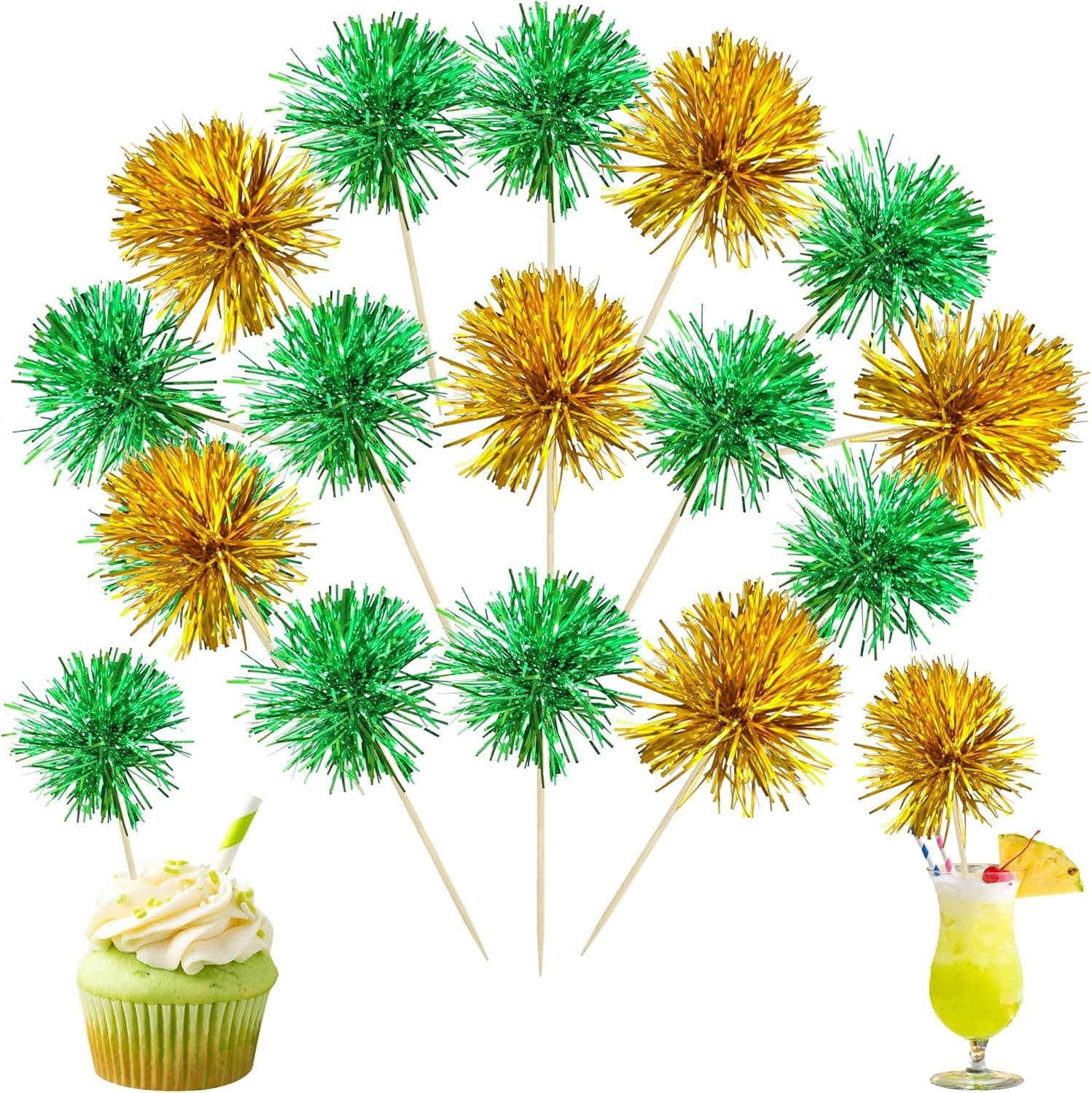 Ephlyn 30Pcs Foil Firework Cupcake Toppers Sparkle Tinsel Cupcake Picks Birthda