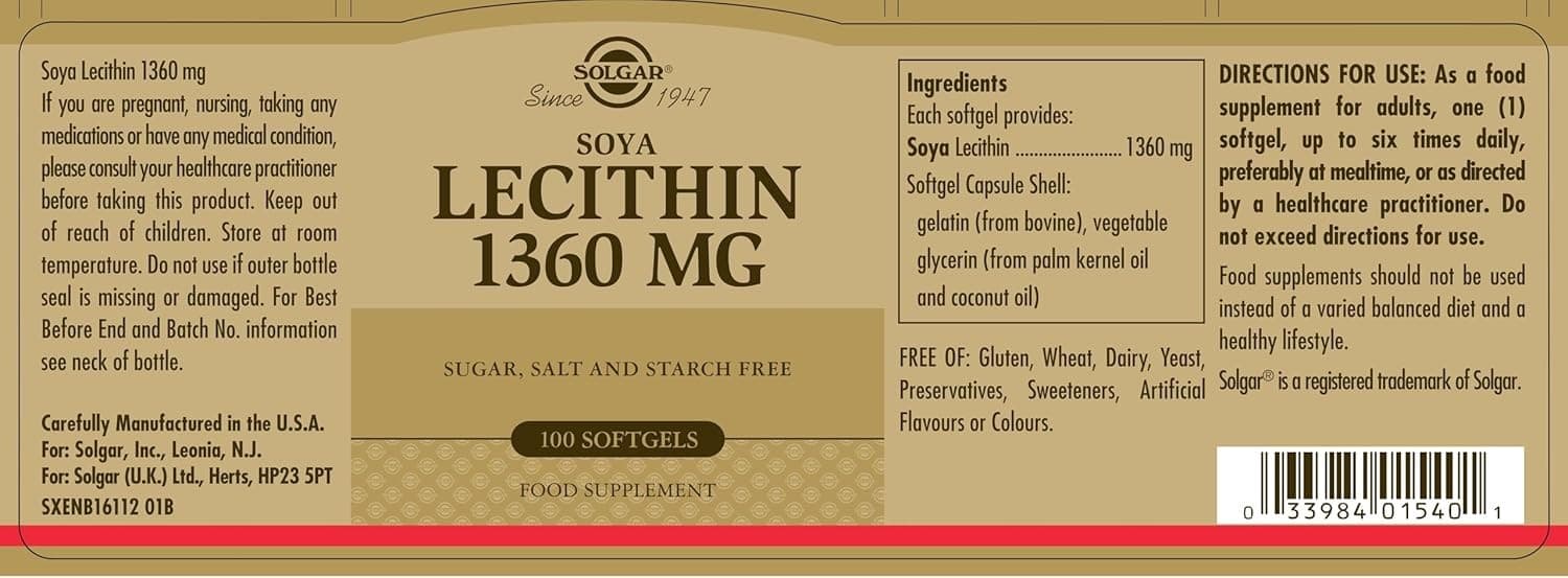 Solgar Soya Lecithin 1360 Mg Softgels - Pack of 100 - Supports Cell Membrane Str view 2