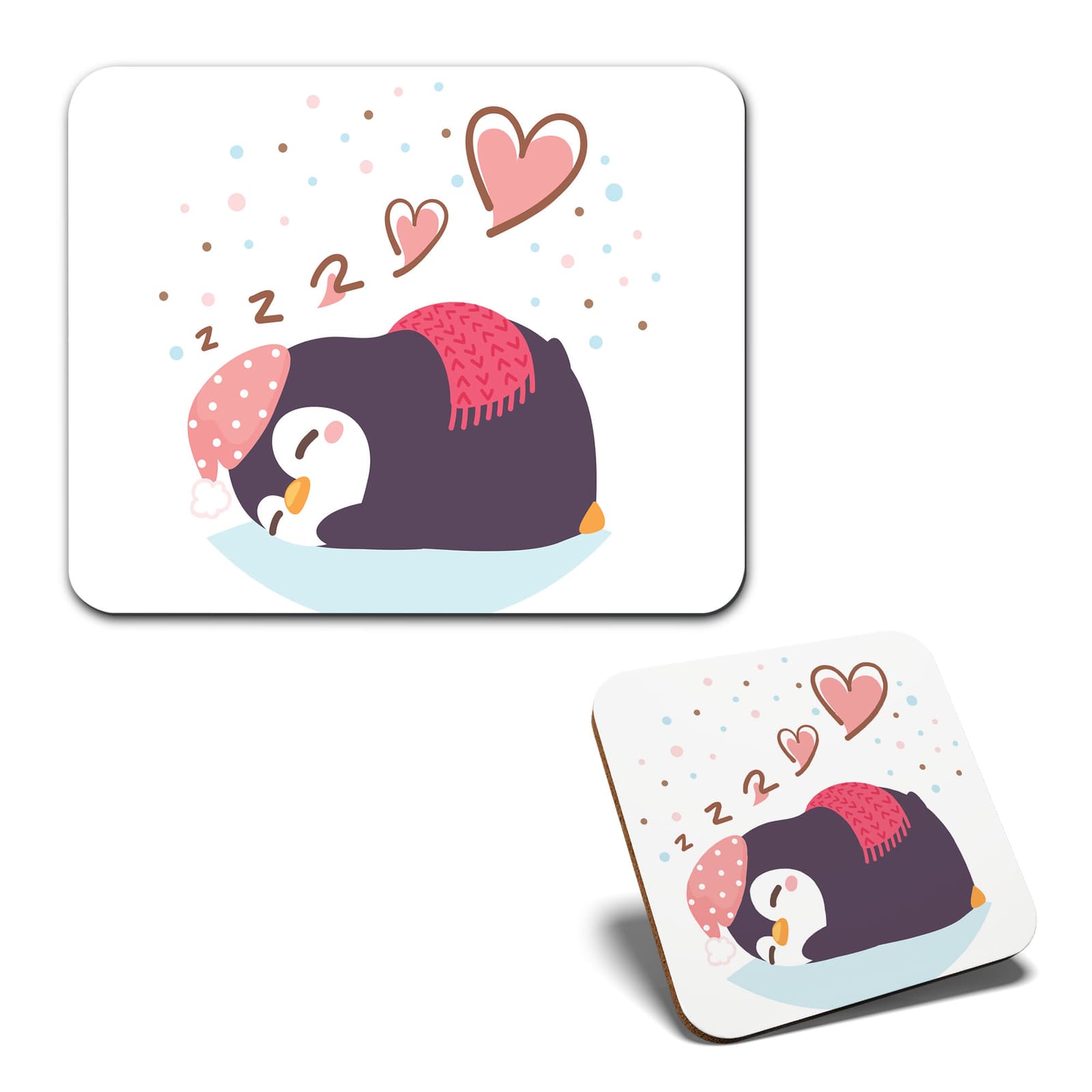 1 Mouse Mat and 1 Square Coaster Sleeping Penguin Scarf Hat #60566