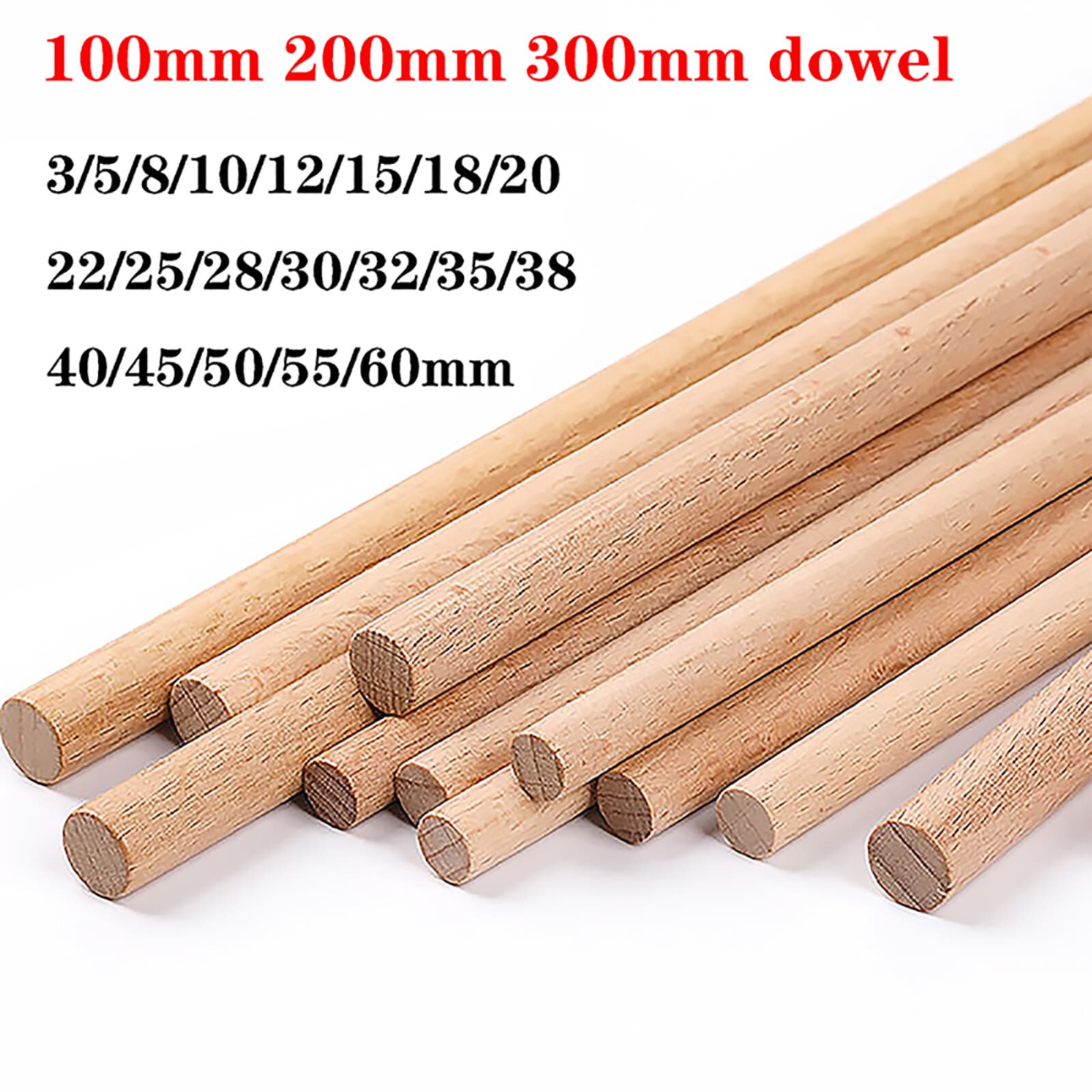 Beech Wood Dowels Smooth Rod Pegs - 100mm 200mm 300mm Length| 12 - 60mm Diameter