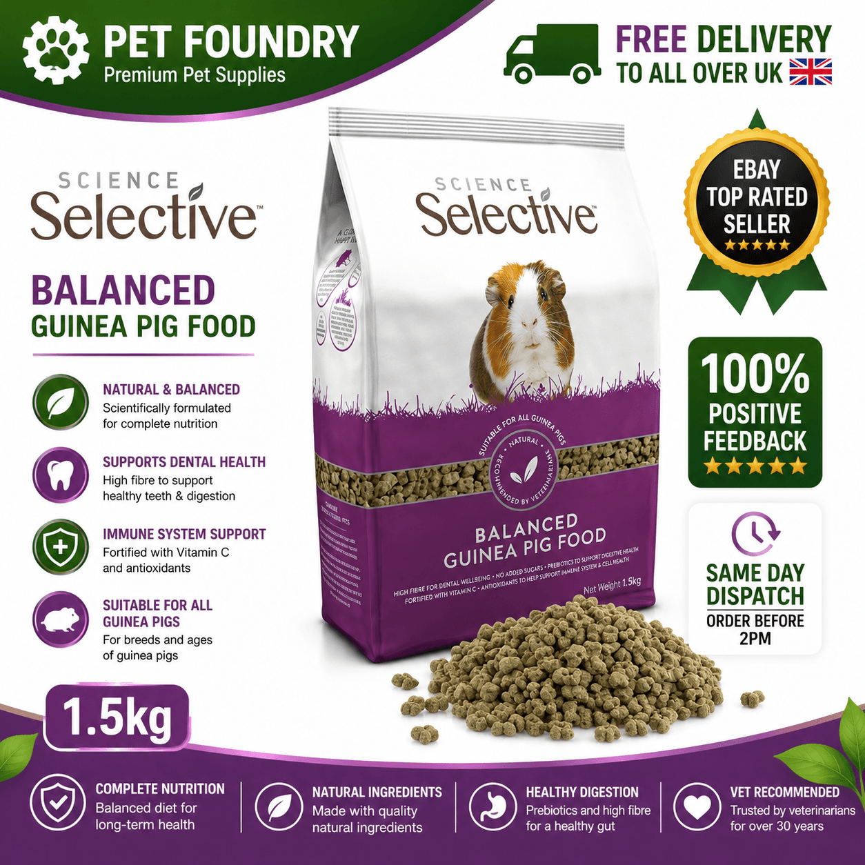 SUPREME SELECTIVE GUINEA PIG FOOD FEED NUGGETS VET RECCOMENDED HIGH FIBRE 1.5KG