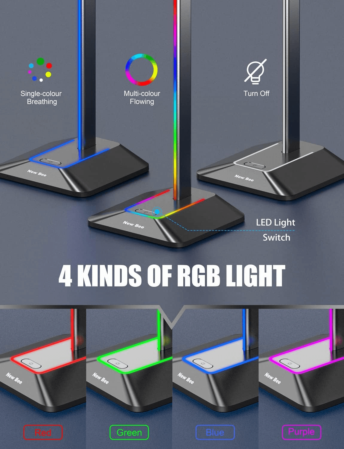 Headphone Stand RGB Headset Holder with 1 USB-C Charging Port and 1 USB Charging view 2
