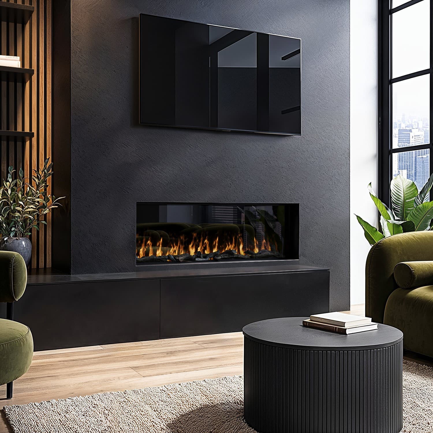 Black 3-Sided Inset Electric Media Wall Smart Fire Place - 40 Inch - Ambe AGL073