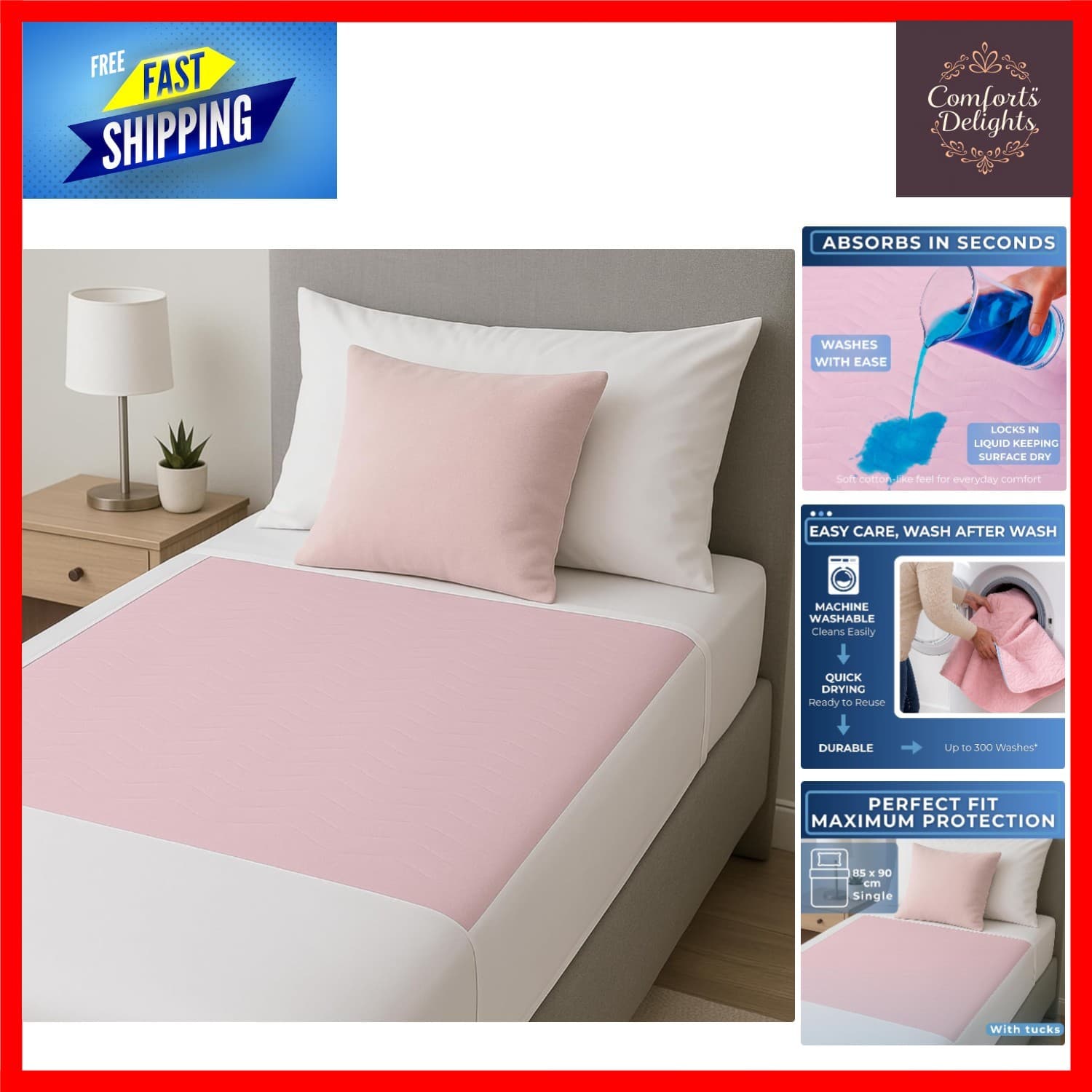 Absorbent Washable Incontinence Bed Pads with Flaps 2 Pack 85x90cm