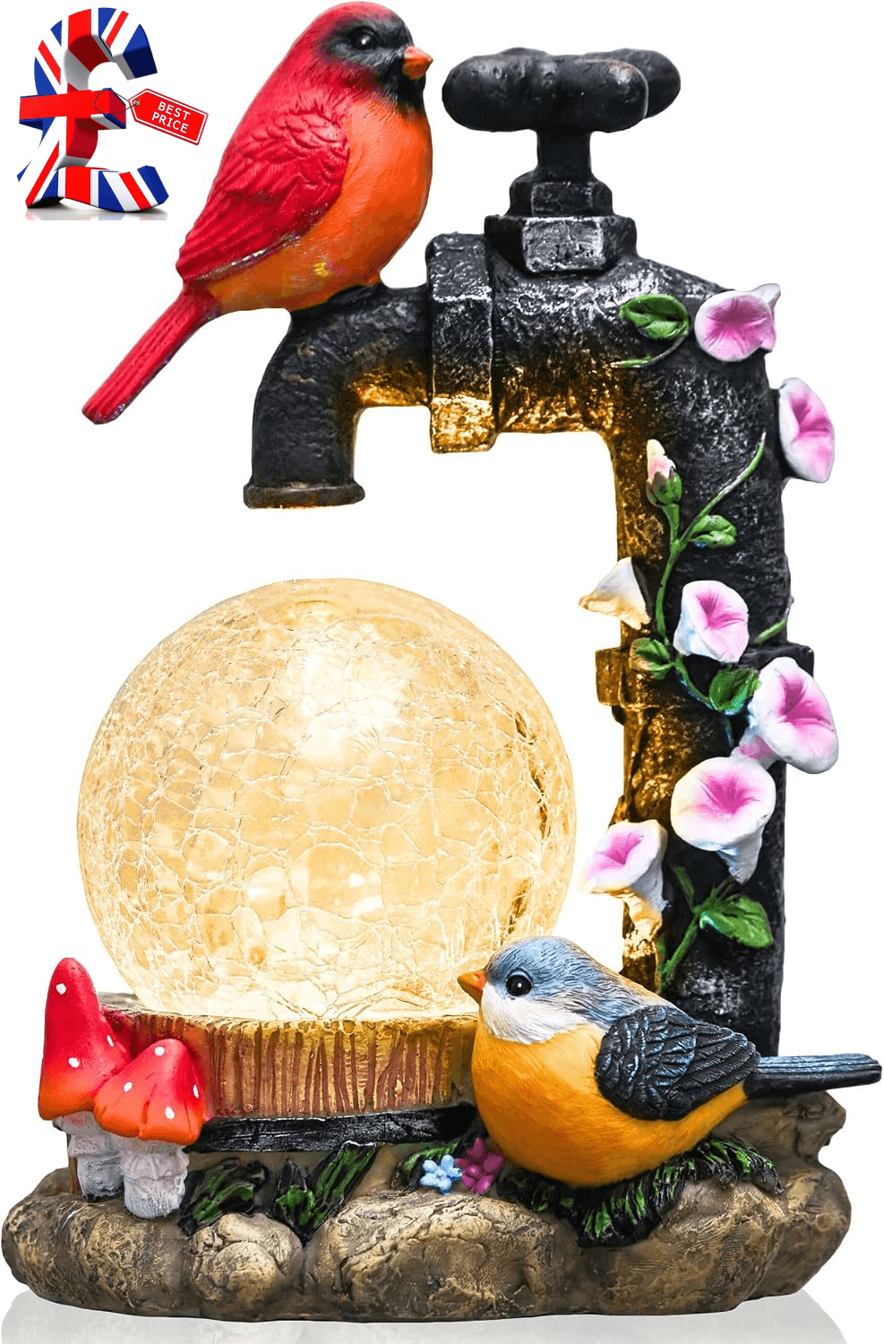 Garden Ornaments Outdoor| Red Robin Bird on Faucet with Crackle Glass Ball| Wate