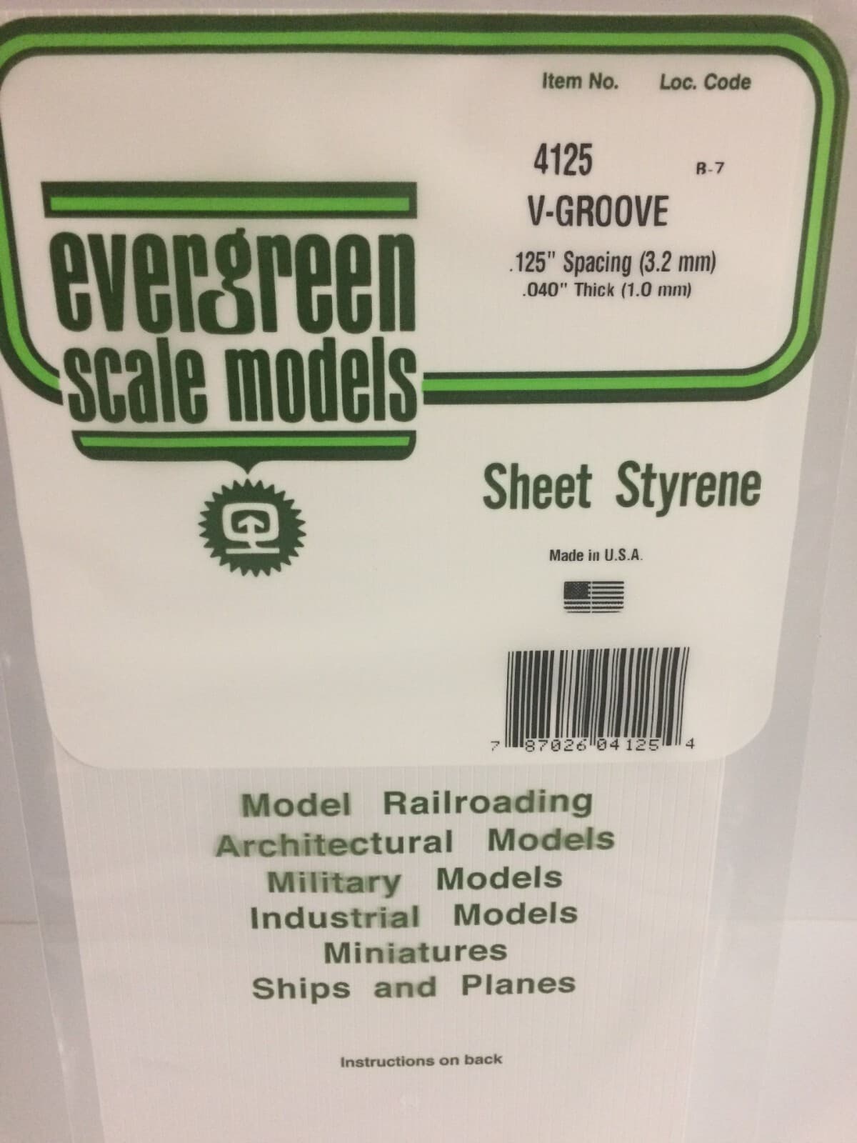 Evergreen 4125 1 x .125\" 3.2mm Spacing V-Groove 6\"x12\" x 0.040\" 1mm StyreneSheet