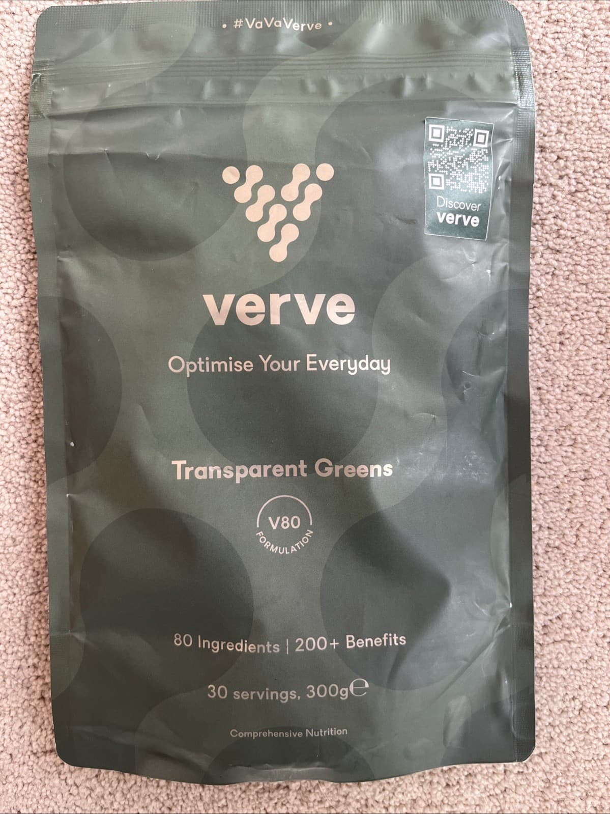 Verve Transparent Greens. 300g. 30 Servings.80 Ingredients 200+ Benefits 07/2026