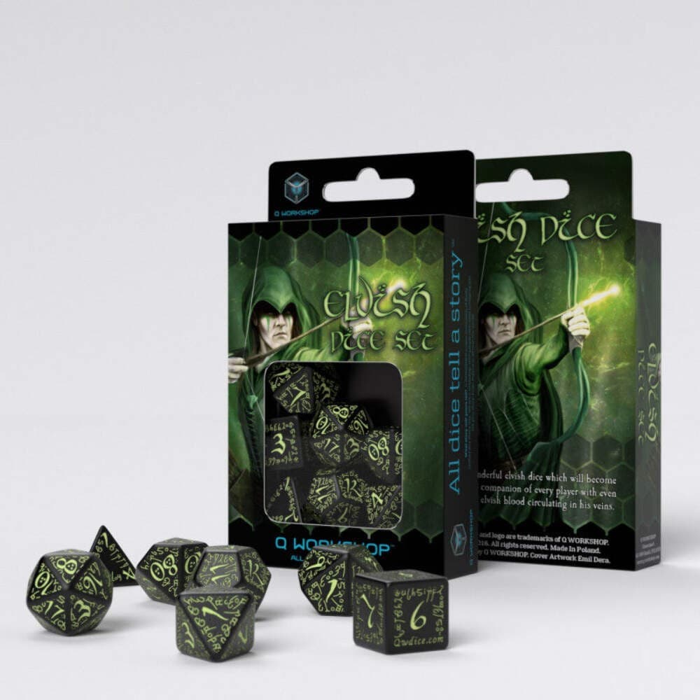 Q-Workshop Elvish Glow in the Dark Black 7 Dice Set for DnD RPG