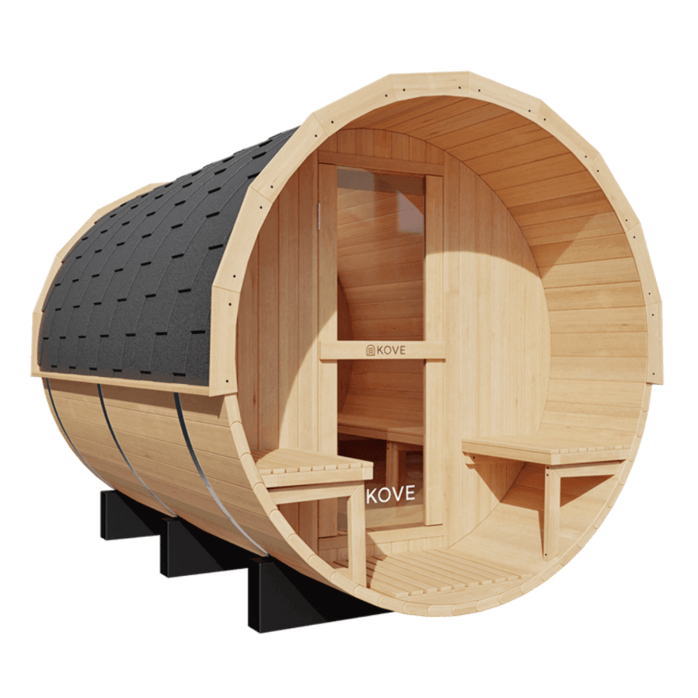 KOVE Outdoor Barrel Sauna – 5–6 Person Garden Sauna with 6kW Harvia Electric Hea