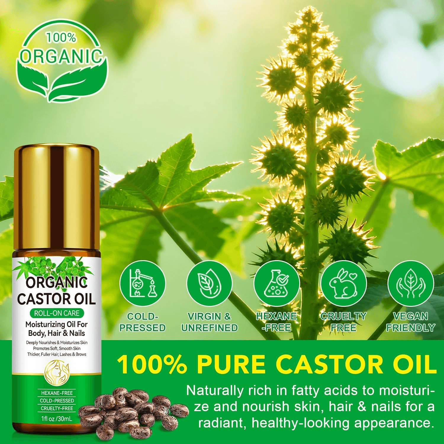 Pure Natural Plant Roller Castor Oil 30Ml - 100% Organic Castor Oil| Deep Moistu view 2