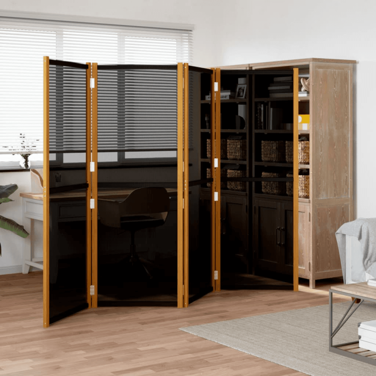 Room Divider 4-Panel Black Acacia Wood and Textilene Foldable Outdoor 280x180 cm.