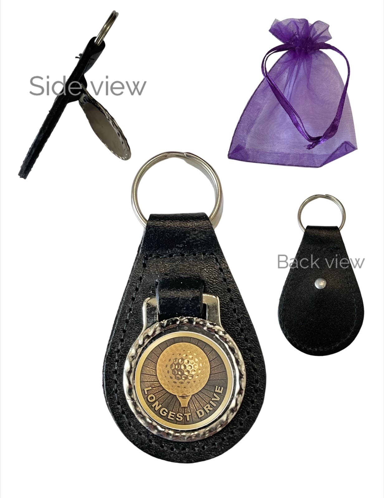 Golf Longest Drive (A) Genuine Black Leather Domed Keyring In Gift Bag