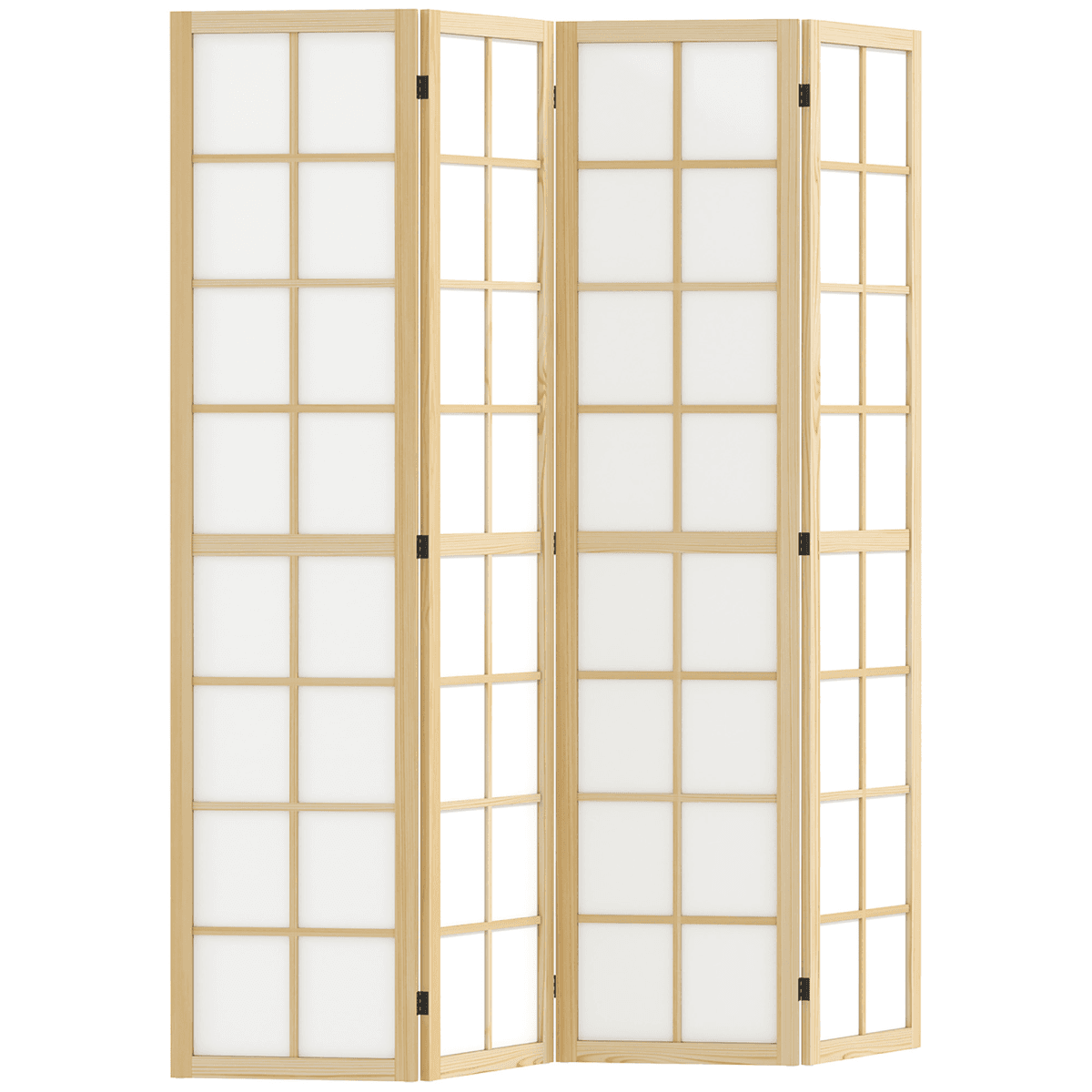 Room Divider Natural Wood Finish 160x170cm 4-Panel Pine Wood Frame White Minimal