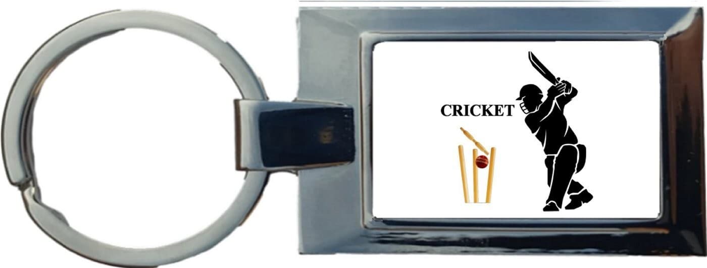 Cricket Cricketer Sport Stumps Rectangle Shaped Metal Keyring In A Giftbox