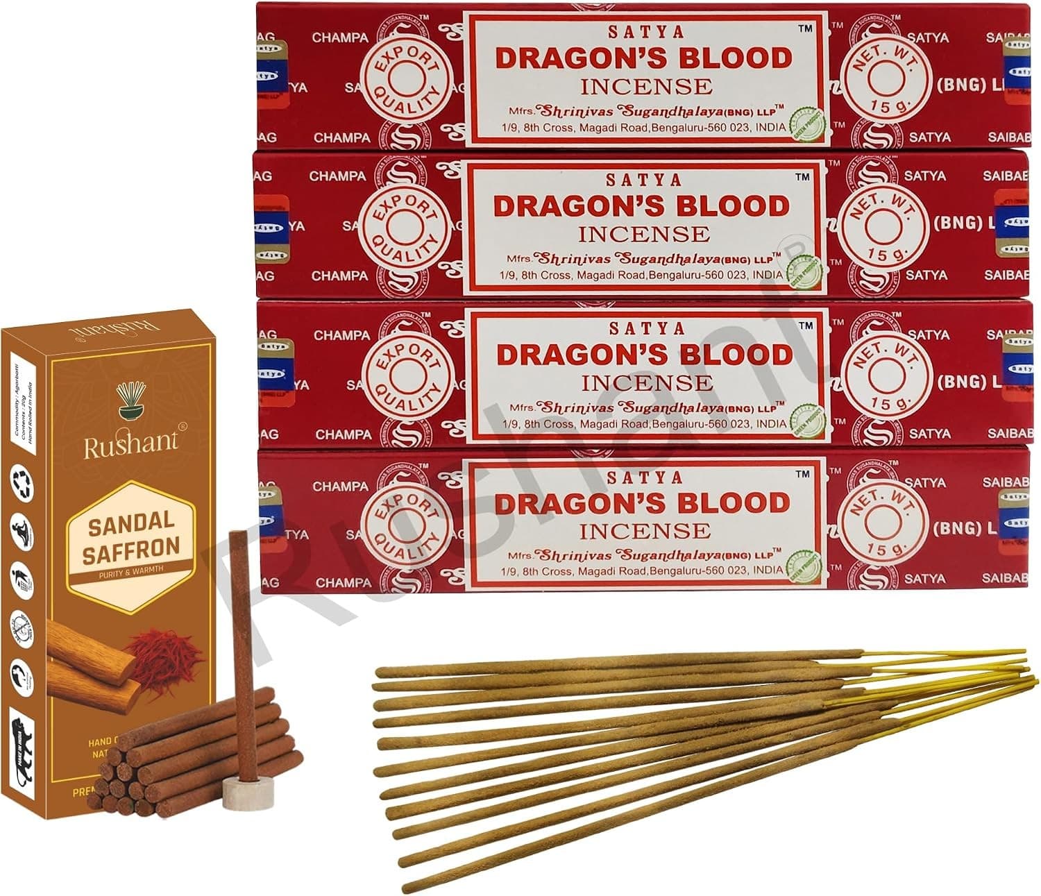 Rushant Sandal Saffron Dhoop Sticks with Satya Dragon’s Blood Incense Sticks