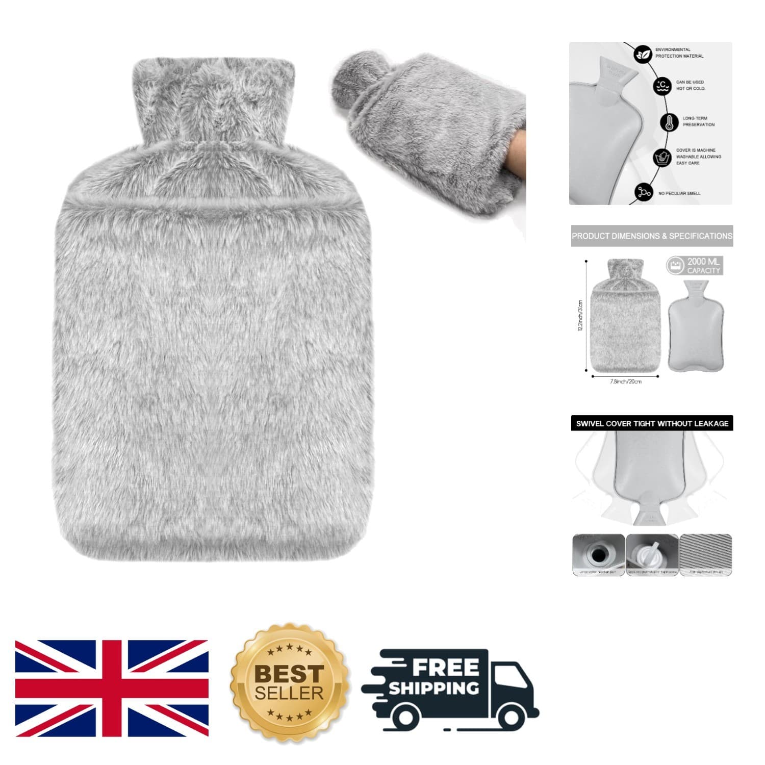 2L Ergonomic Hot Water Bottle with Luxe Faux Fur Cover - Ideal for Winter Warmth