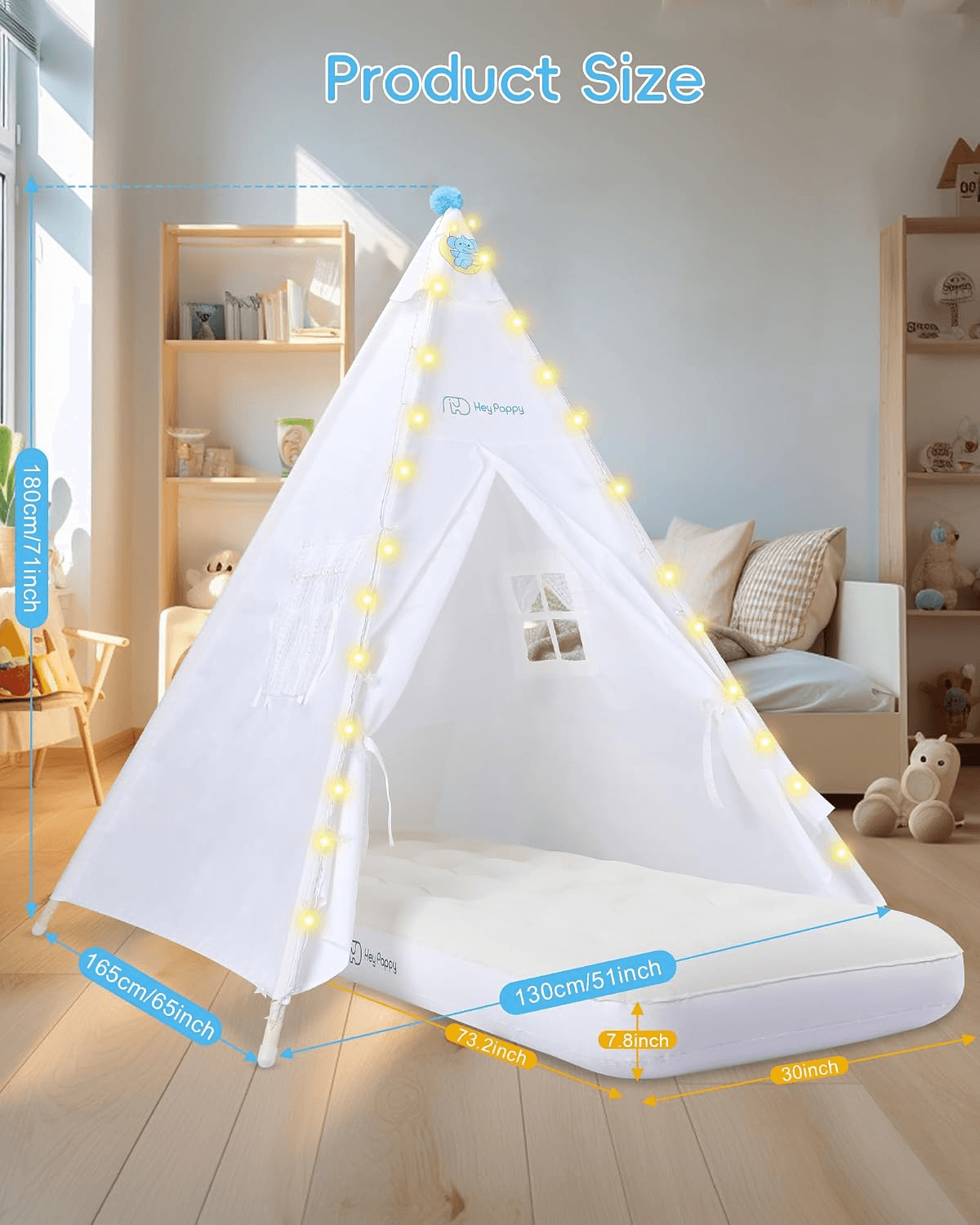 Teepee Tent for Kids with Inflatable Airbed| String Lights| Balloons| Pump| Wash view 2