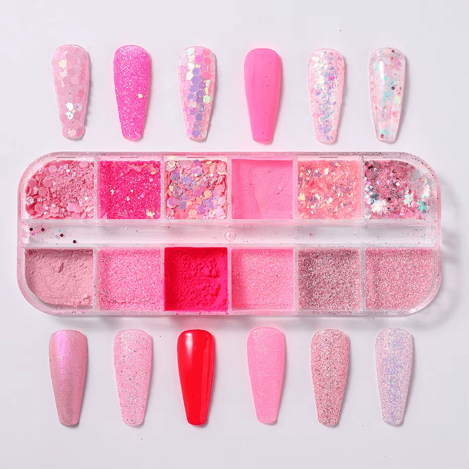 12Grid Pink Glitter Nail Powder Mixed Holographic Hexagon Irregular Flakes Slice
