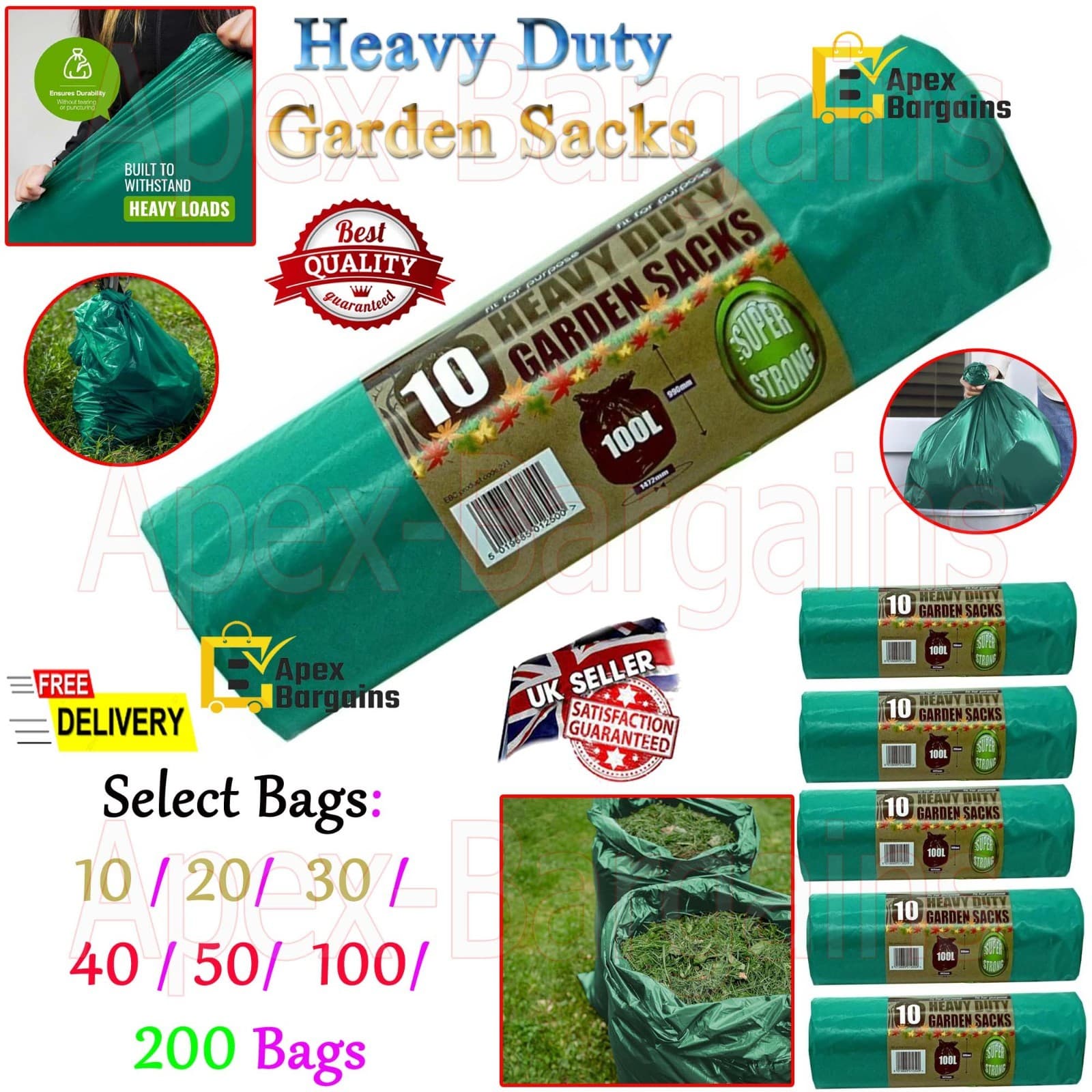 10/200x Green Garden Waste Bags Sacks Strong Recycled Bin Bag Rubbish Sack 100L