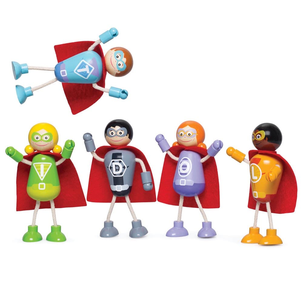 Tidlo Wooden Superhero Figures - 5 Mini Figures with Flexible Arms and Legs