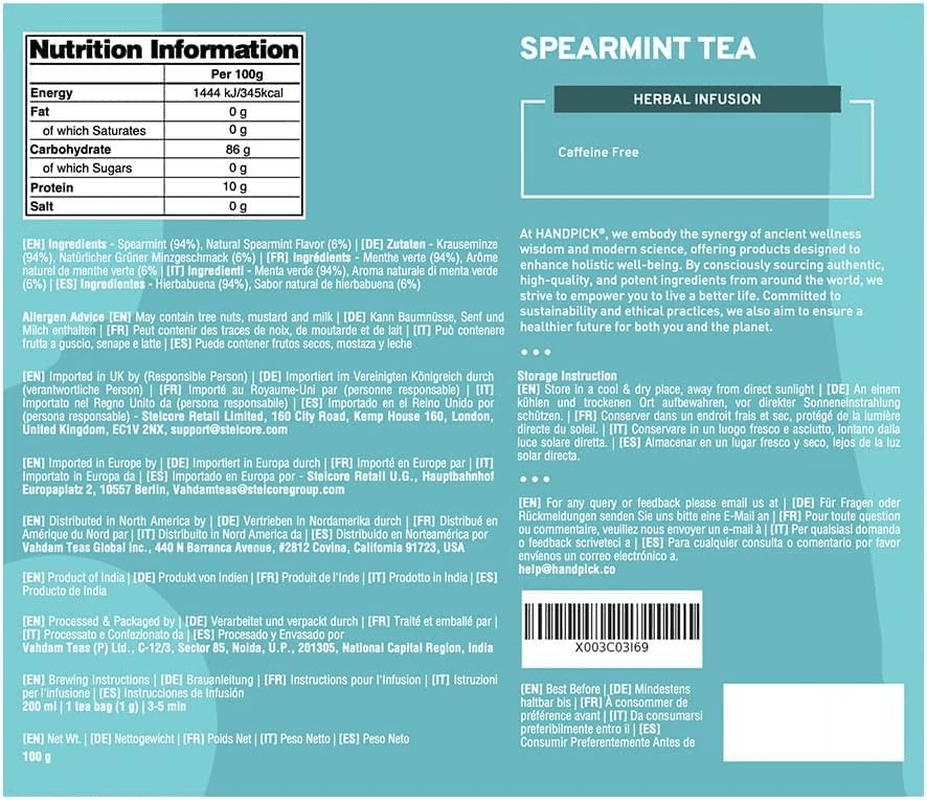 HANDPICK| Spearmint Tea Bags (100 Count) Non-Gmo| 100% Pure Spearmint Leaf Tea B view 2