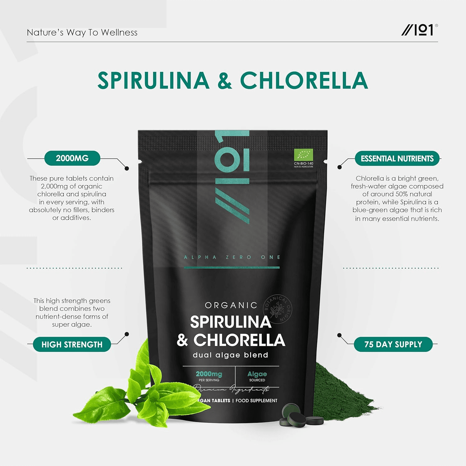 Organic Spirulina and Chlorella 2000Mg - 300 Tablets - Broken Cell Wall - Cold Pre view 2