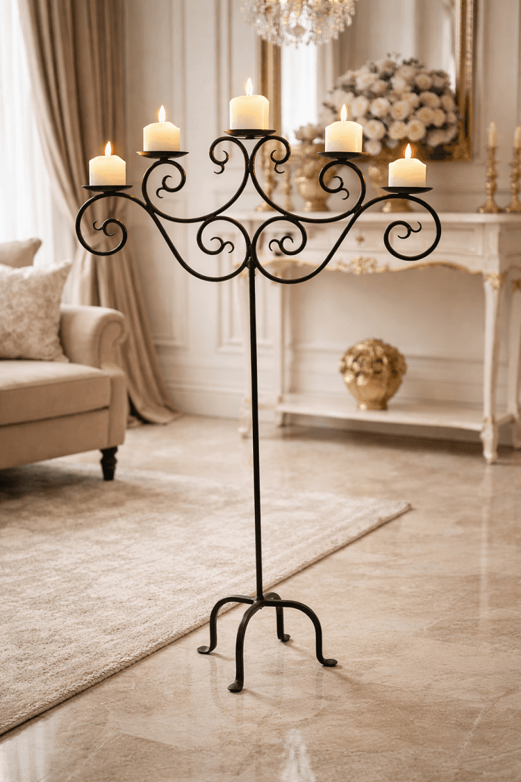 Wrought Iron Floor Candelabra 5 Flames – Elegant Candle Holder 130 Cm Fat