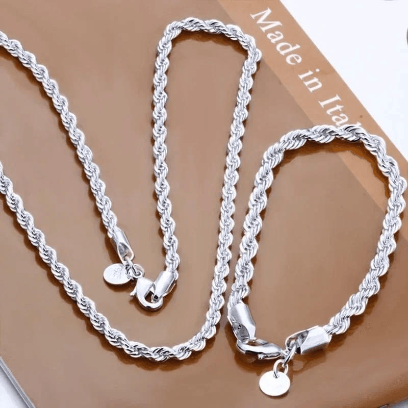 High Quality Fine 925 Sterling Silver Necklace Bracelets Set 4MM Women Men Chain