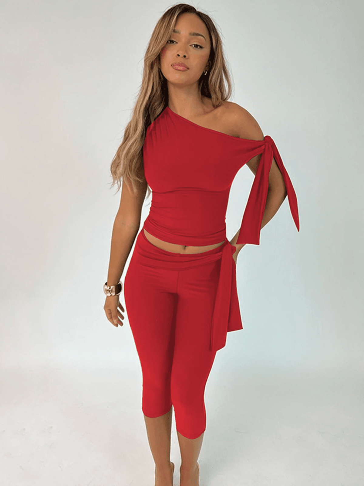Fashion 2 Pcs Sets Solid One Shoulder Sleeveless Draped Sexy Top Knee Length Pan