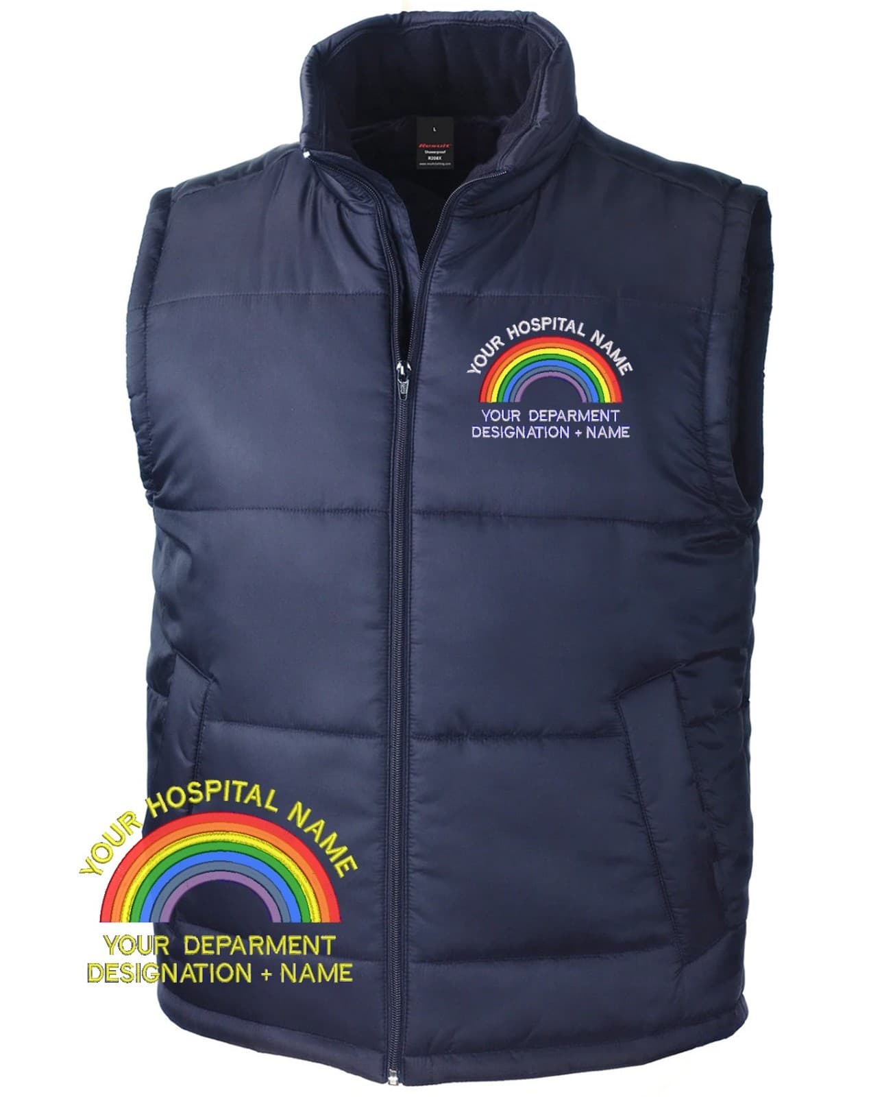 PERSONALISED HOSPITAL PADDED GILET WORKWEAR EMBROIDERED WITH CUSTOM TEXT UNISEX