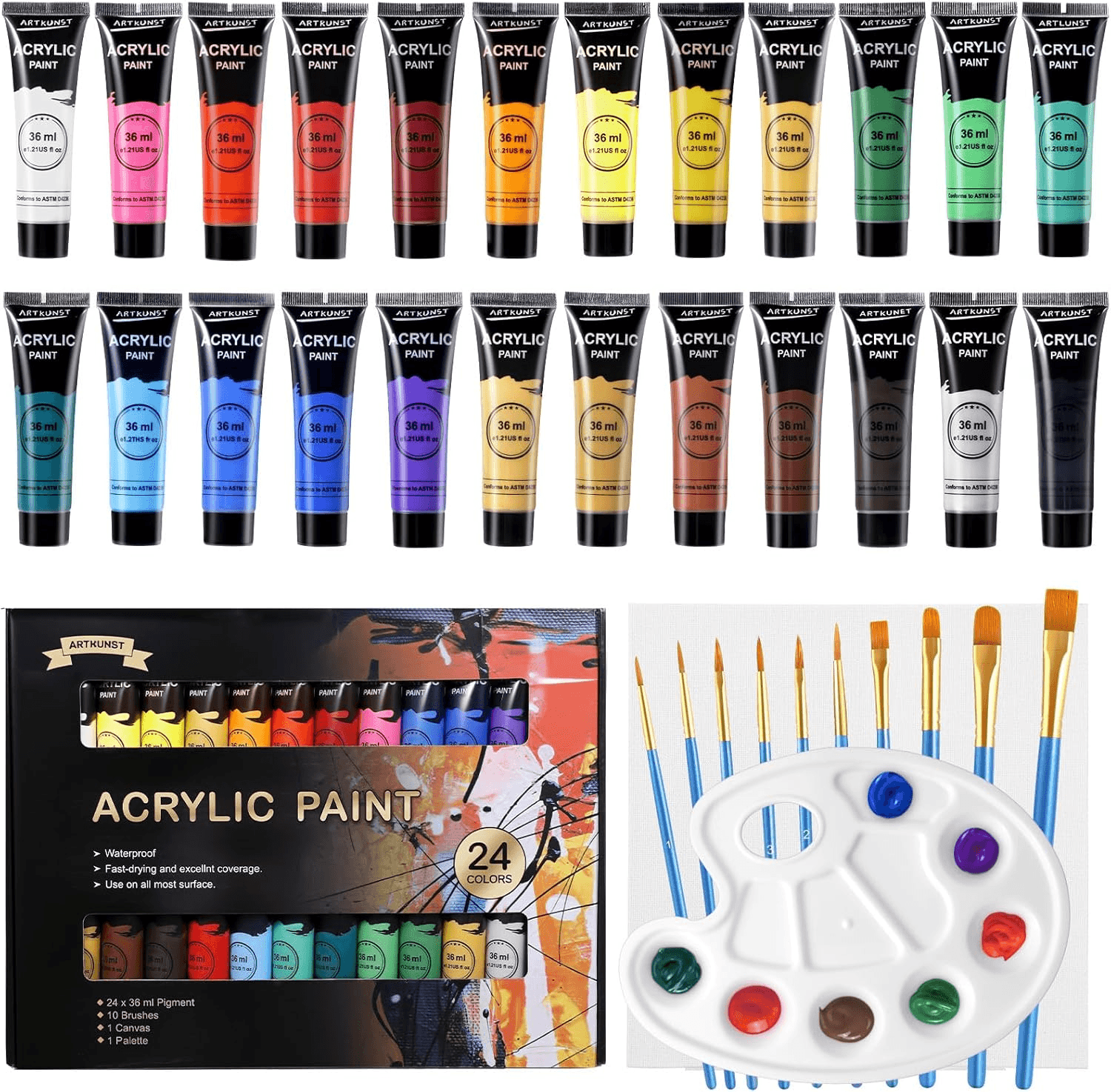 Acrylic Paint Set| 24 X 36 Ml Painting Set with 10 Brushes for Canvas| Wood| Pap