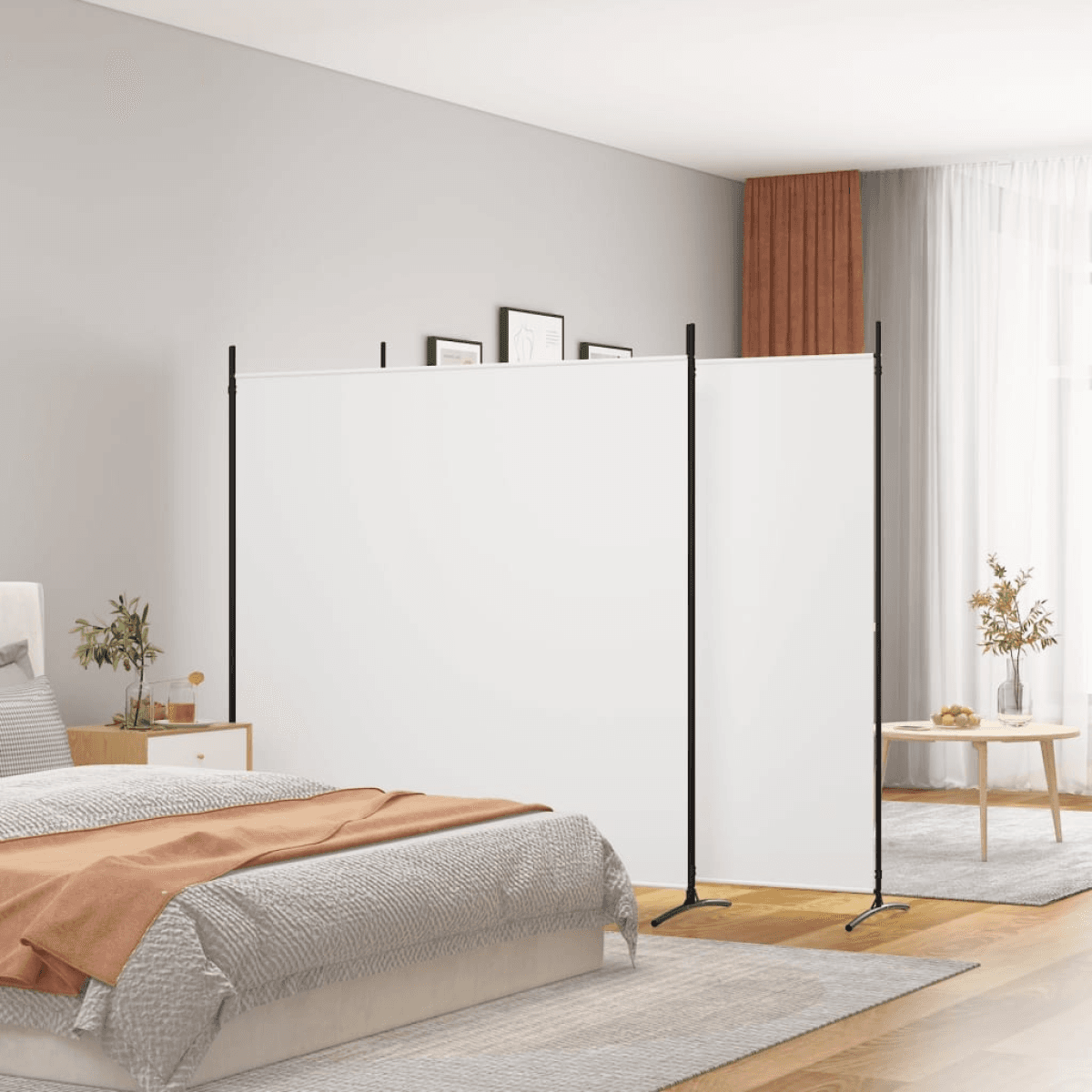 Room Divider 3-Panel White Polyester Fabric Iron Frame 348x180cm Light-Filtering