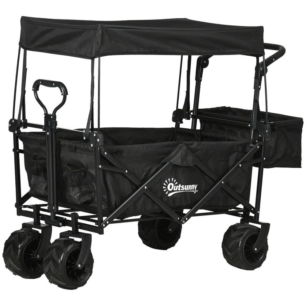 Foldable Trolley Cart w/ 4 Wheels| 2 Compartments| Canopy | Black - High Quality
