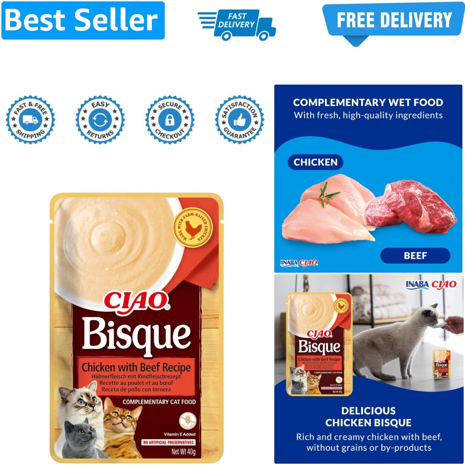 Ciao Bisque by Wet Cat Food - Chicken with Beef - 1 Pack 40g total / Moist Tr...