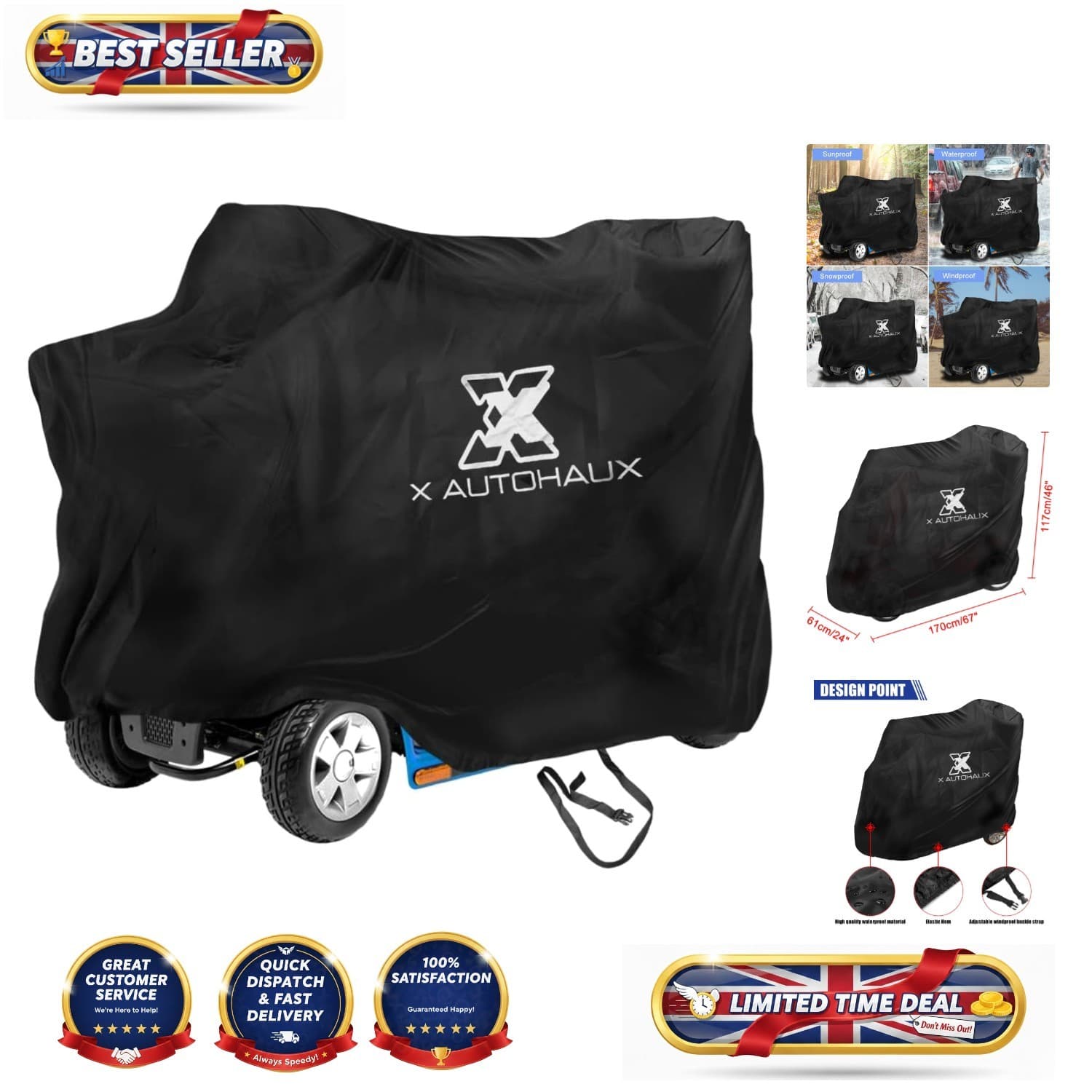Universal fit Mobility Scooter Cover - Waterproof Black Protection 67\"x24\"