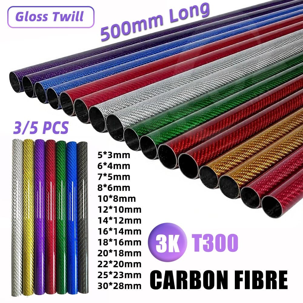 3K Carbon Fiber Tube Twill Gloss Roll Wrapped OD 5mm‑30 mm 7-Colours 500 mm Long