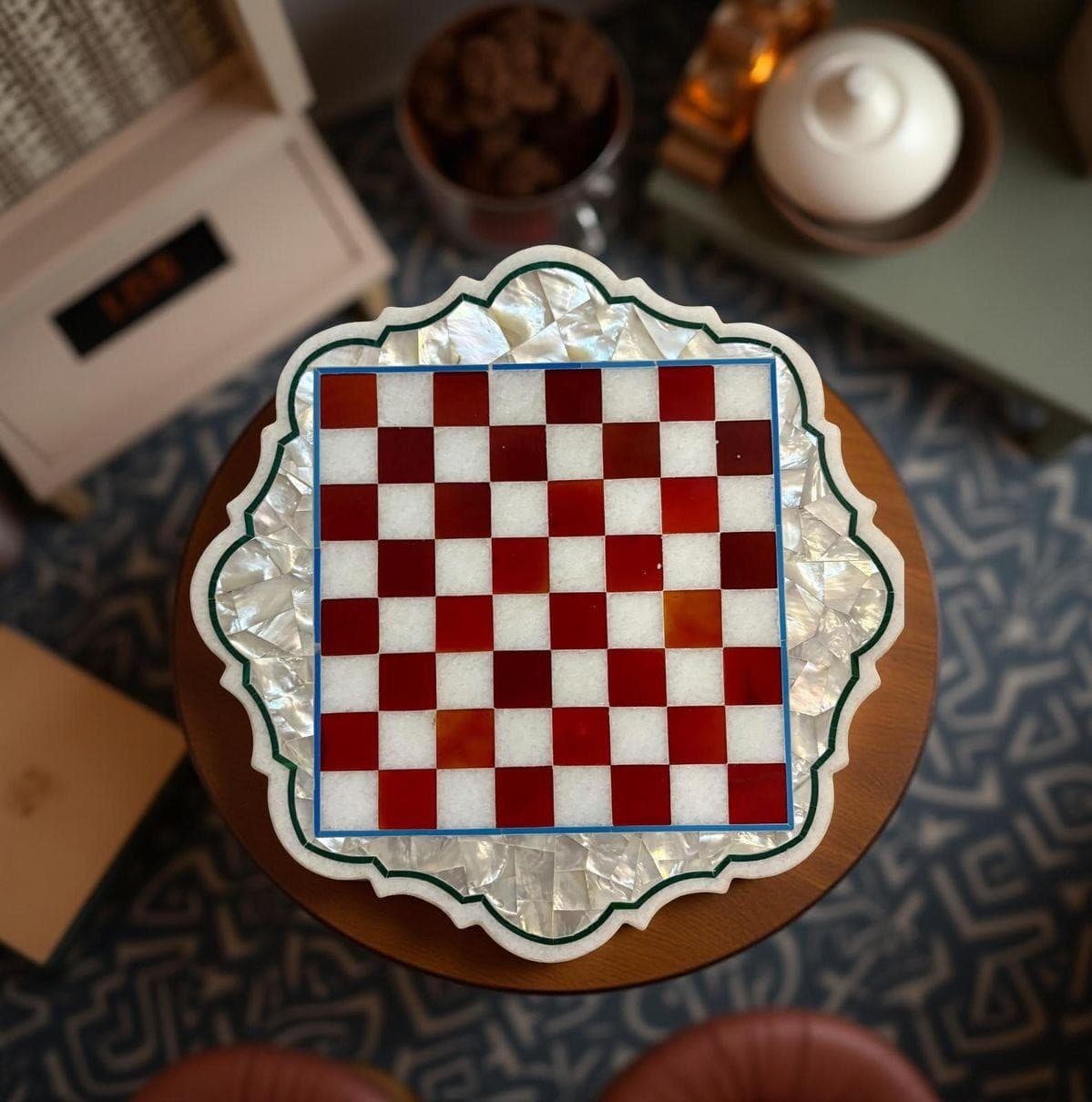 21\" Marble MOP Chess pietra dura Inlay board – Handcrafted Natural Stone Accent