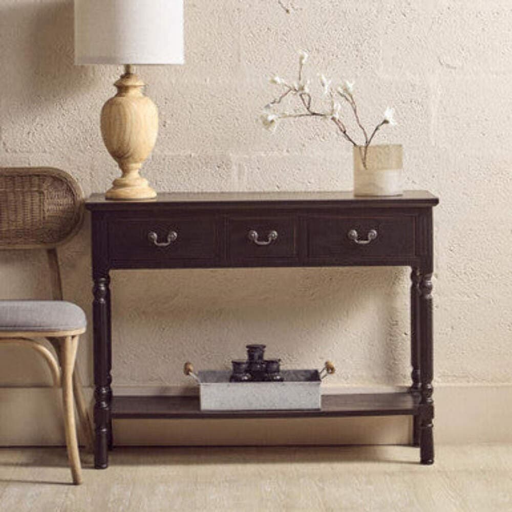 Vintage Black Pine Wood Three-Drawer Console Table with Bottom Storage Shelf and