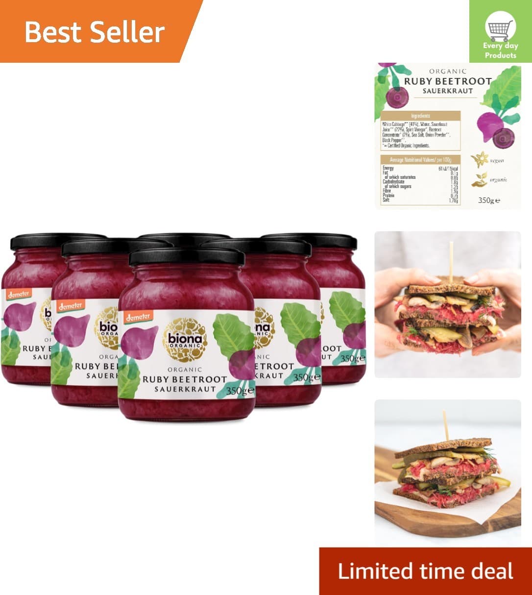 Demeter Organic Sauerkraut Ruby Red 350g Pack of 6 Jars German Cuisine