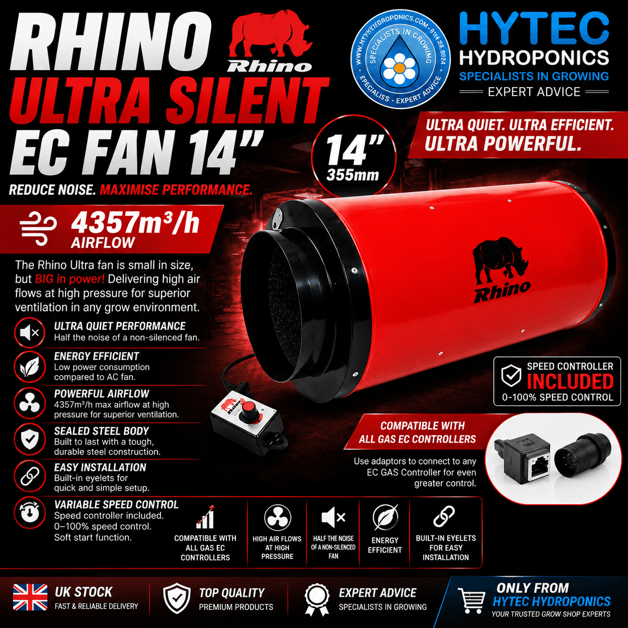 Rhino Ultra Silent EC Fan 14\" Quiet Inline Extractor 4357m³/h Grow Room