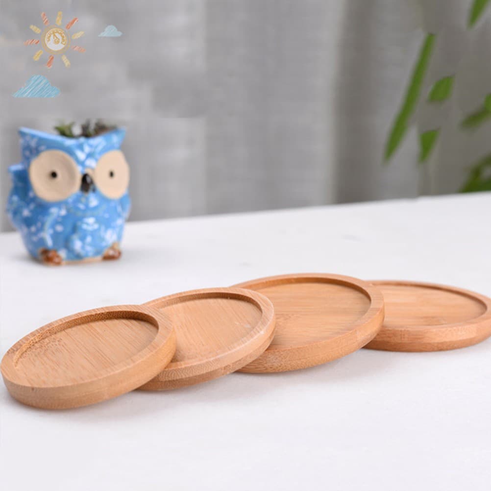 6PCS Bamboo Succulent Flowerpot Tray Round Coaster Stackable Plates