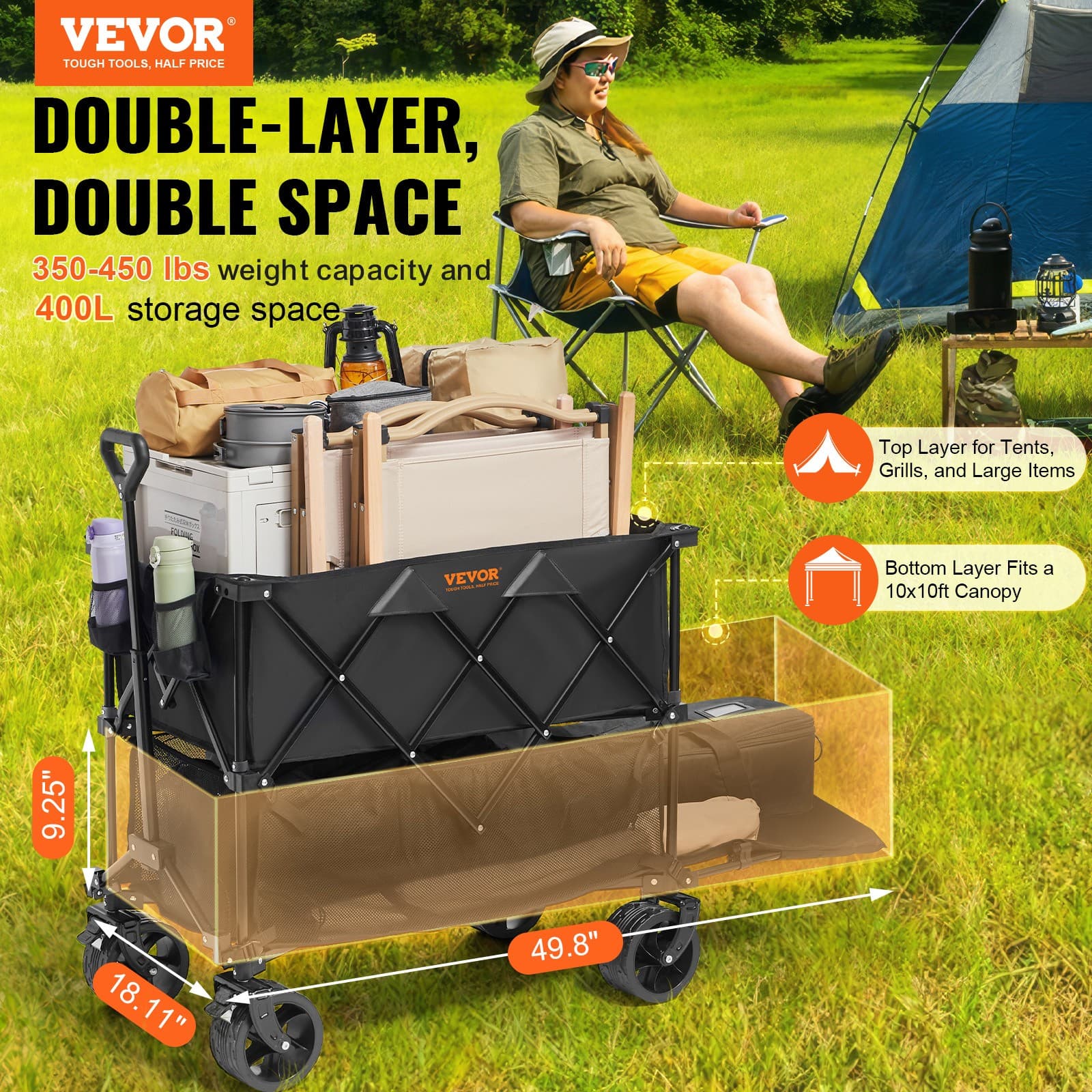 VEVOR Collapsible Folding Wagon 400L Beach Wagon Cart Heavy Duty 350-450 lbs view 2