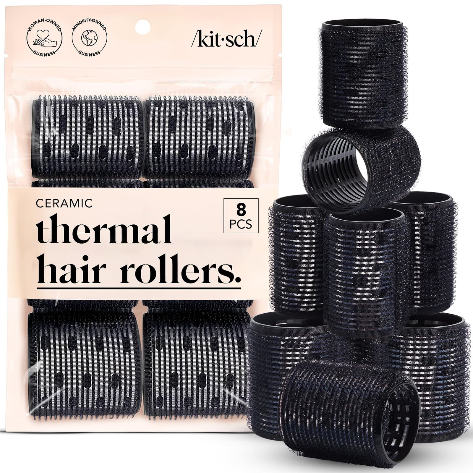 Kitsch Ceramic Thermal Hair Rollers Set 8pcs - 8 count (Pack of 1)| Black