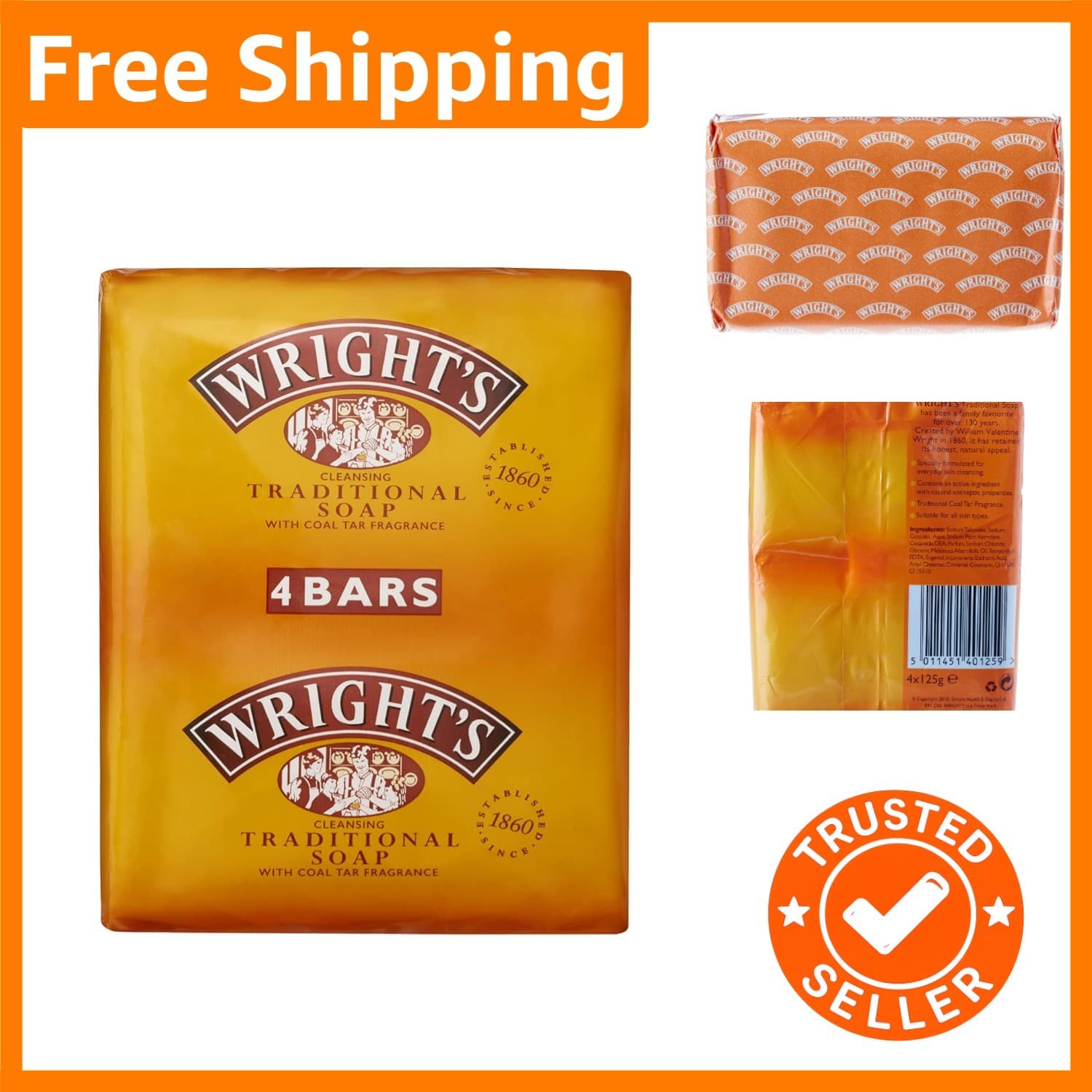 Tea Tree Infused Wright's Coal Tar Soap | 125g x 4 | Antibacterial Cleanser