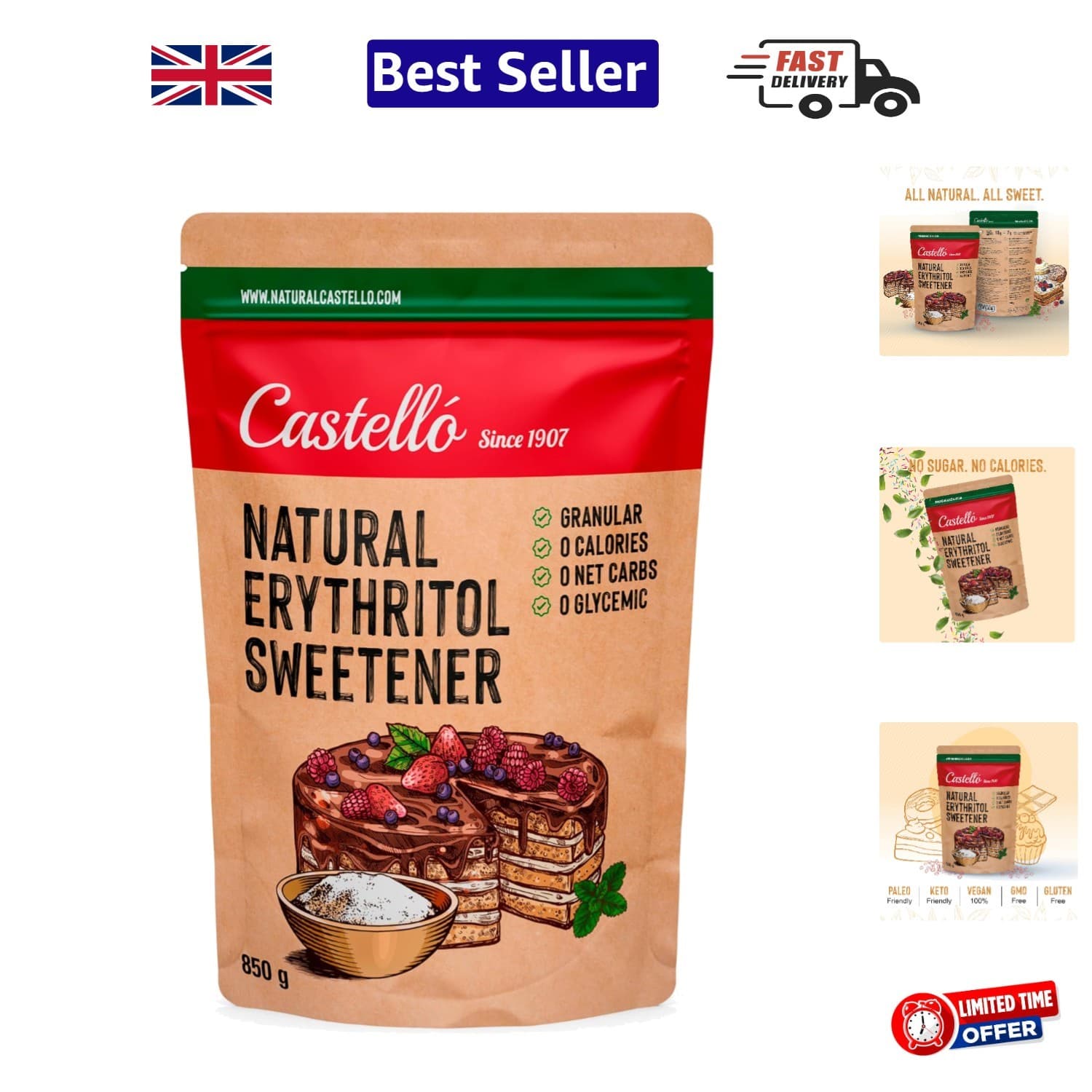 Natural Erythritol Sweetener - 850g | Zero Calories and Sugar Substitute