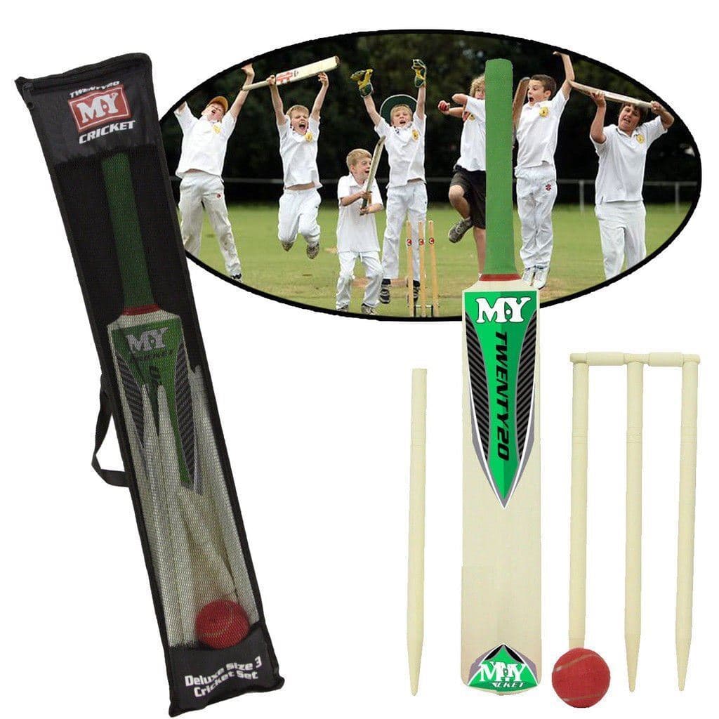 CRICKET SET BAT BALL STUMPS GARDEN KIDS FUN PARK PLAY SIZE 3 WOODEN WICKETS NEW
