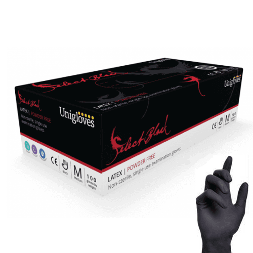 Unigloves Latex Gloves - Select Black - Powder Free - Tattoo - Box of 100 | 1000