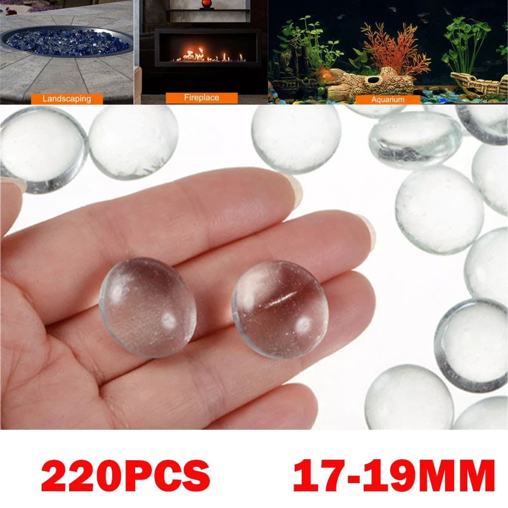 220Pcs 17-19mm Clear Fire Glass Beads For Fire Pit,Flat Marble Beads 2/3\"-3/4\"
