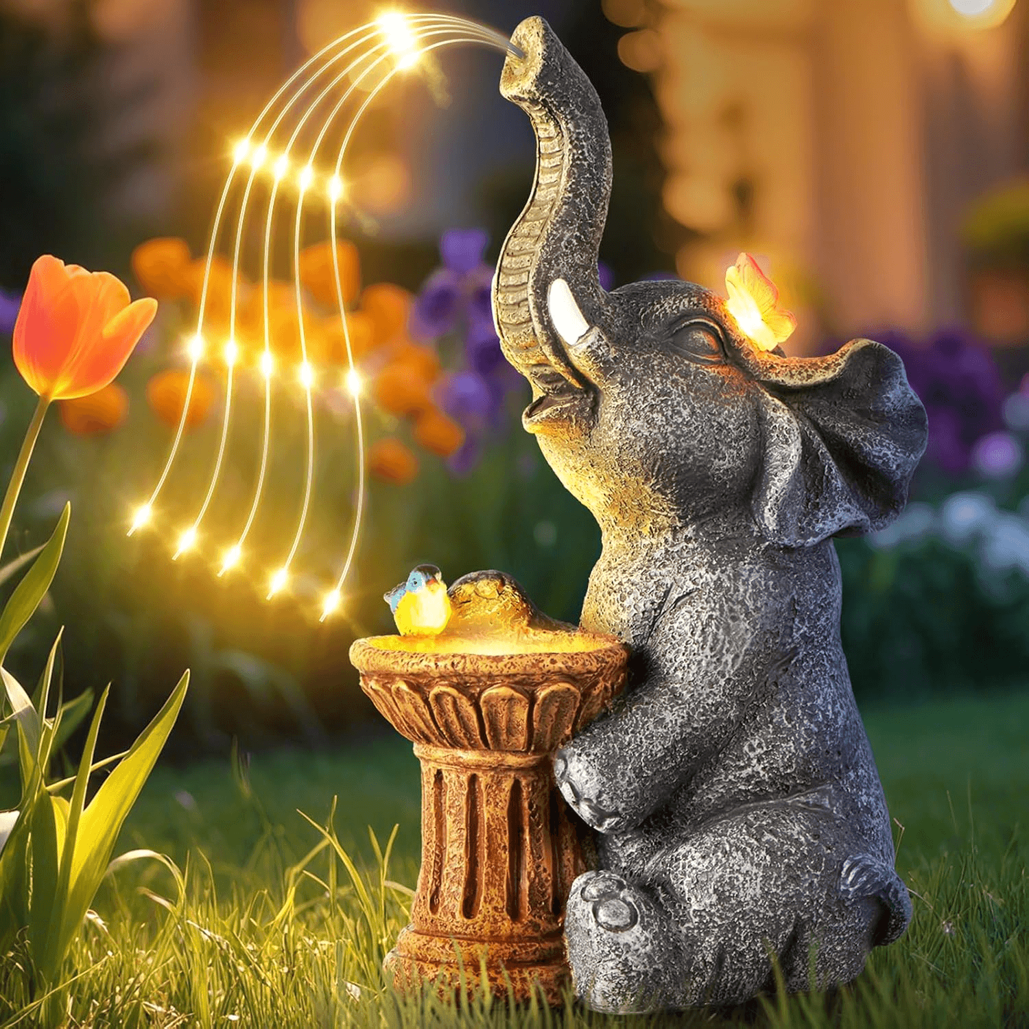 Elephant Statue Garden Ornaments Outdoor with Solar Powered LED Lights| Easter,A