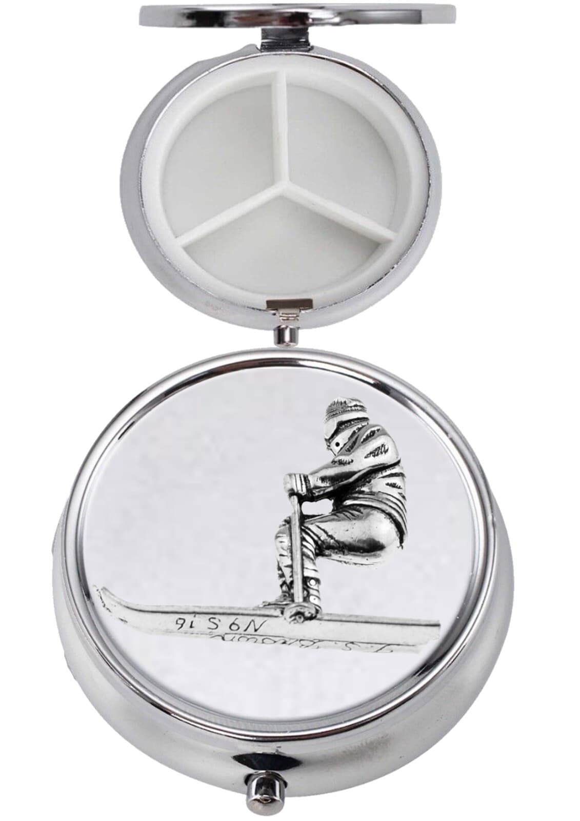 S16 Skier Pewter design on a circular metal pill trinket box caddy